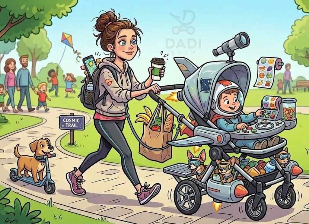 Uśmiechnięta mama z kawą pcha futurystyczny wózek-rakietę. Kreatywne akcesoria i zabawki umilające dziecku spacer.